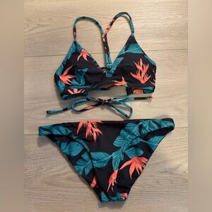 Hurley sporty tropical print bikini, small, black, turquoise
